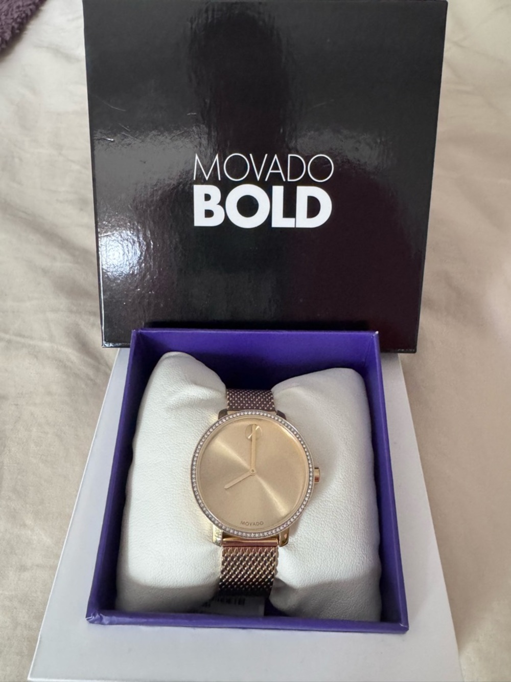 Movado Rose Gold Mesh Bracelet Watch with Crystal Accents